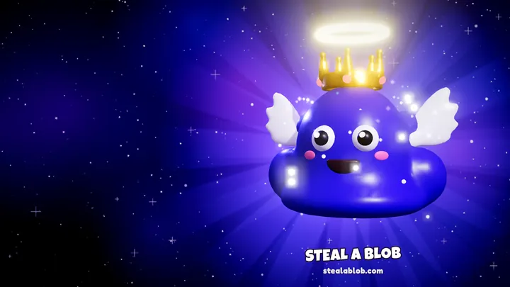 Steal a Blob PC wallpaper: a crowned Galaxy blob with wings and a halo in space
