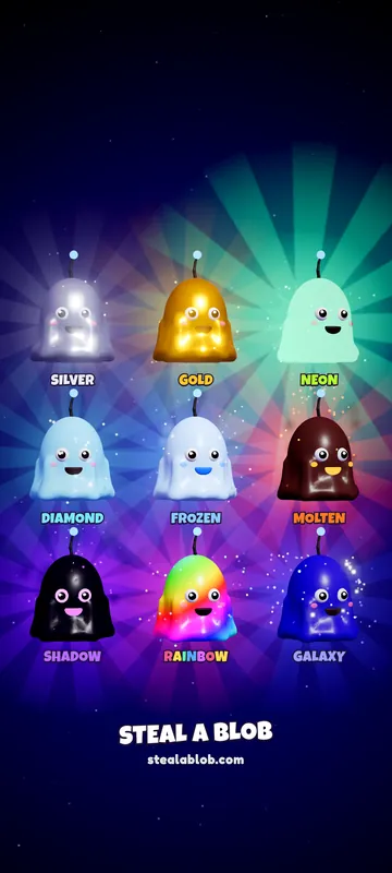 Steal a Blob phone wallpaper: one blob in all nine mutations, Silver to Galaxy